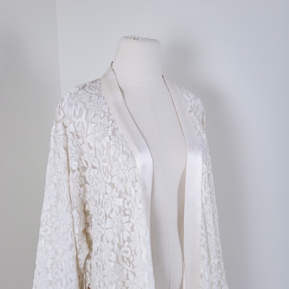 Vintage Lace Robe Bell Sleeve Long belted peignoir satin angel kimono duster - Picture 7 of 17